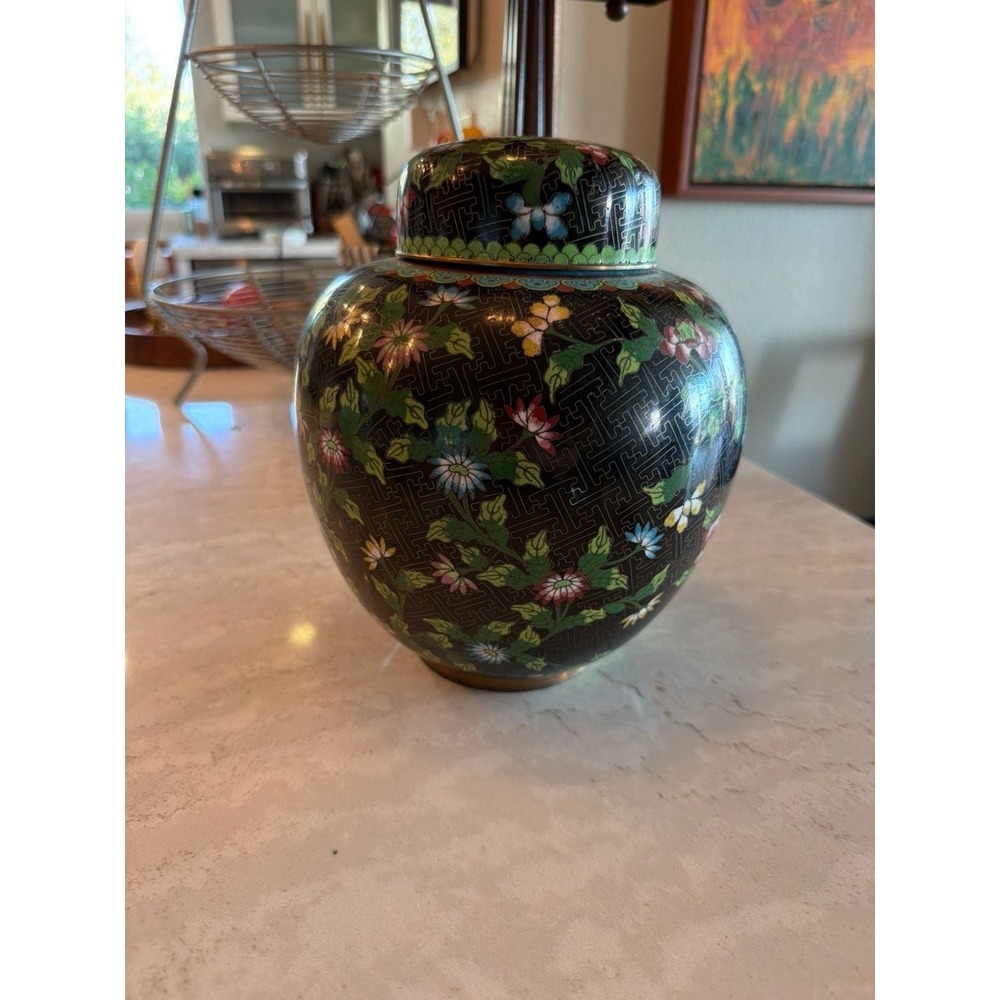 Vintage Chinese Cloisonne Black Enamel Ginger Jar with Floral Design 10"